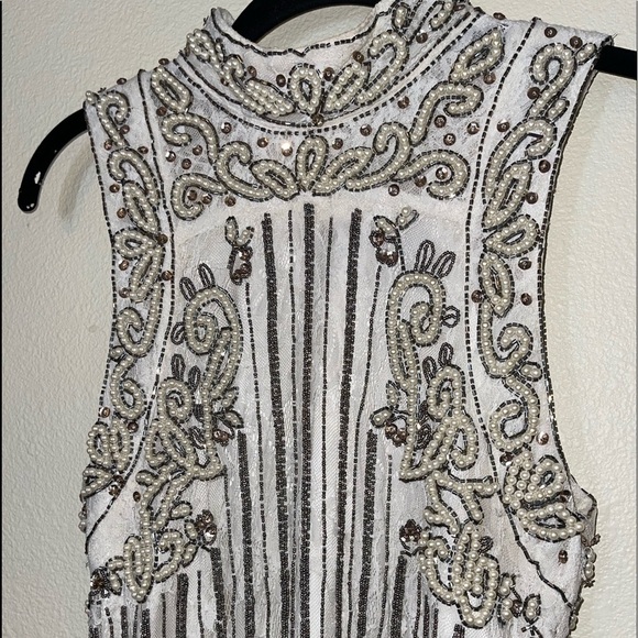 X by NBD Revolve Ivory Silver Pearl Beaded High Neck Mini Sheath Dress Small - Picture 9 of 12